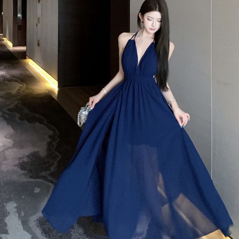 Halter Side-Slit Plain Dress Maxi A-Line