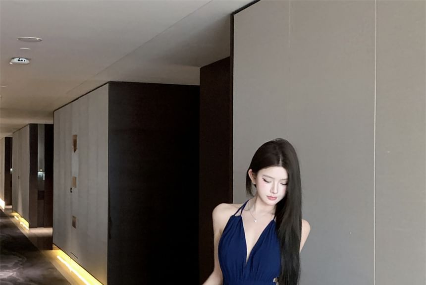 Halter Side-Slit Plain Dress Maxi A-Line