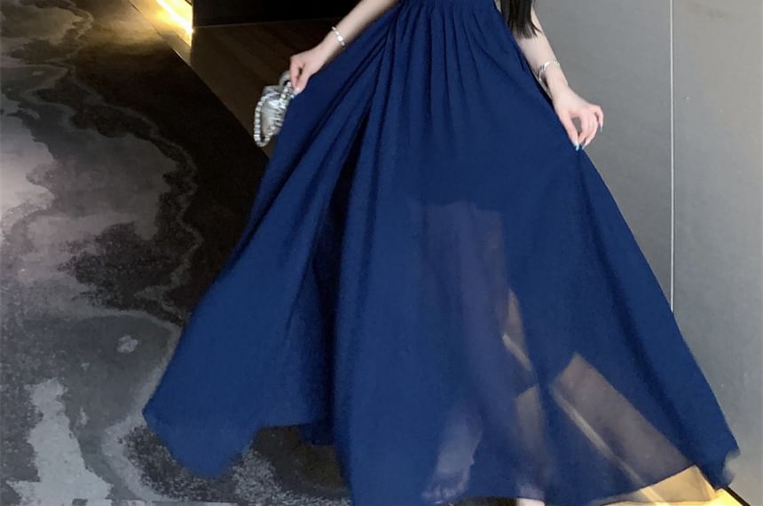 Halter Side-Slit Plain Dress Maxi A-Line