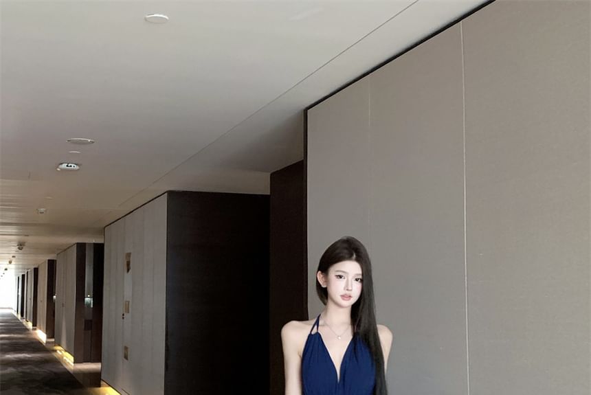 Halter Side-Slit Plain Dress Maxi A-Line