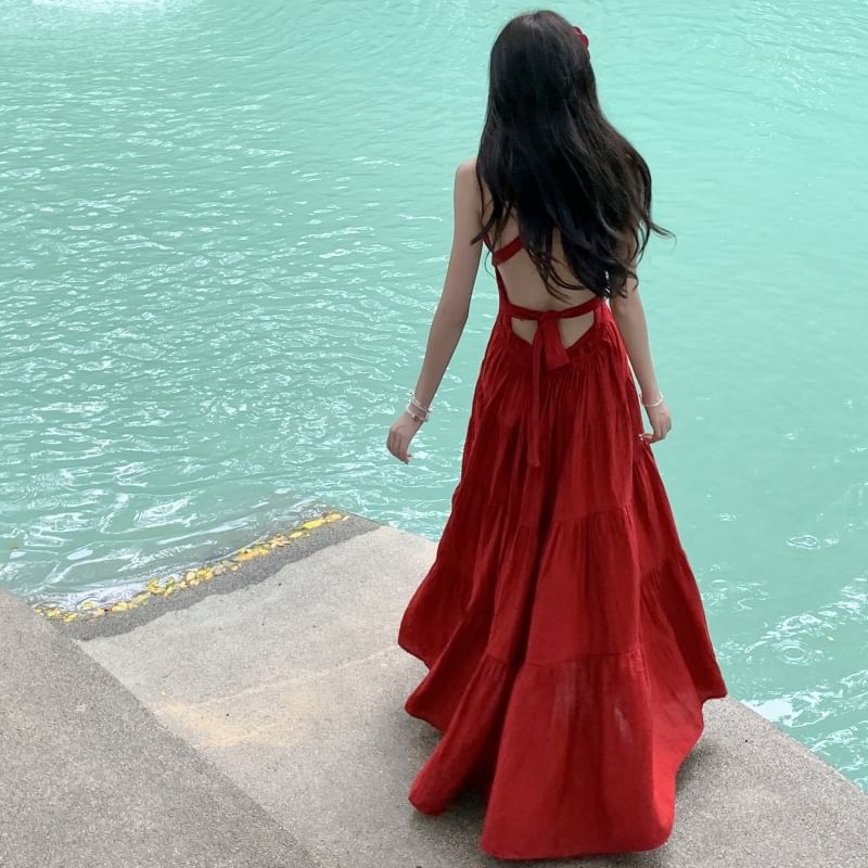 V-Neck A-Line Sleeveless Dress Maxi Plain