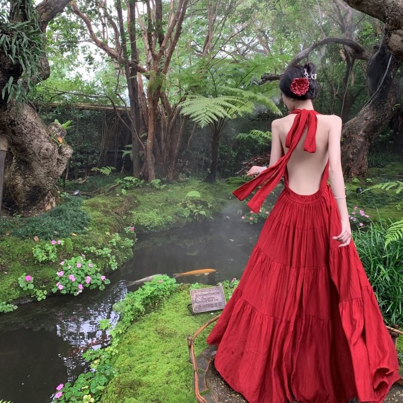 V-Neck A-Line Sleeveless Dress Maxi Plain