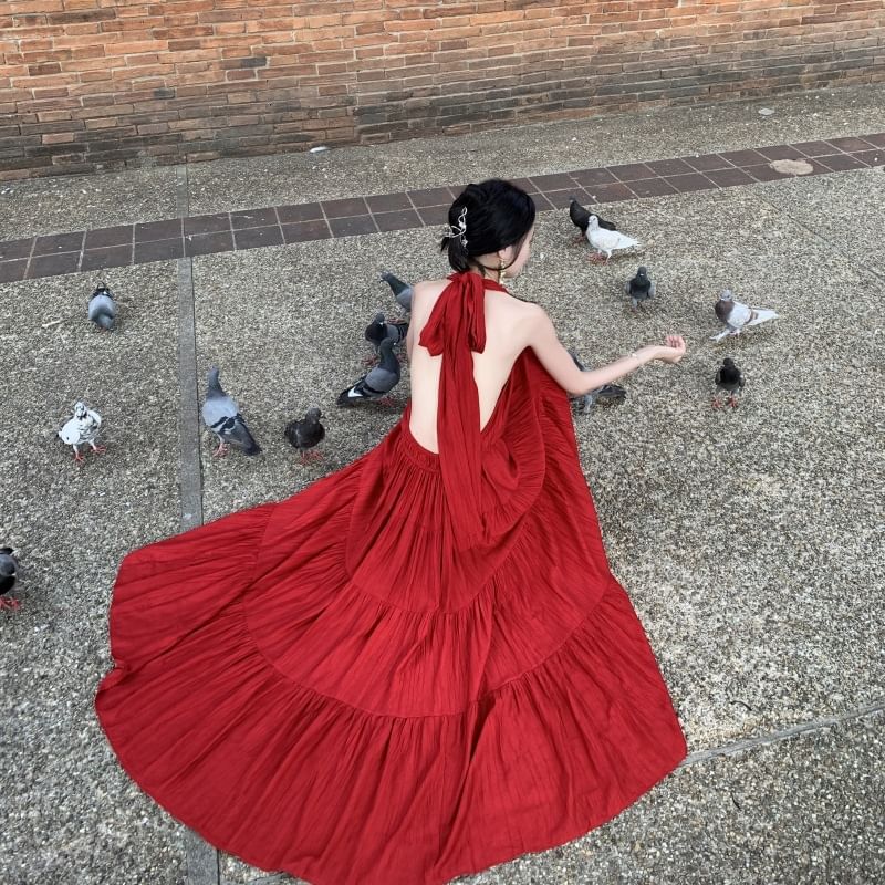 V-Neck A-Line Sleeveless Dress Maxi Plain