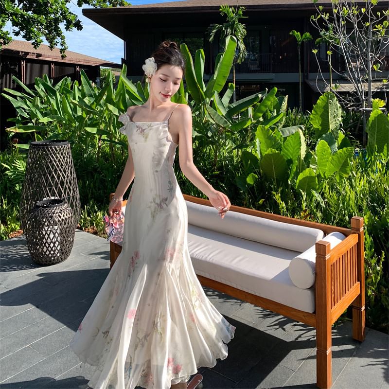 Dress Maxi Mermaid Spaghetti Strap Floral