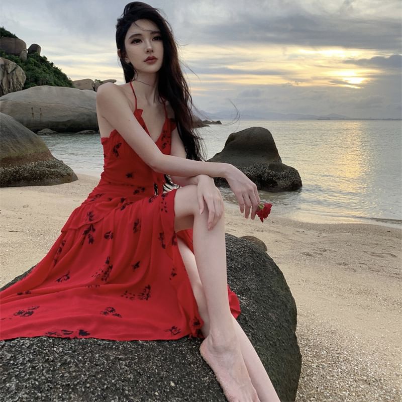 Sundress Ruffle Midi Side-Slit Floral Halter