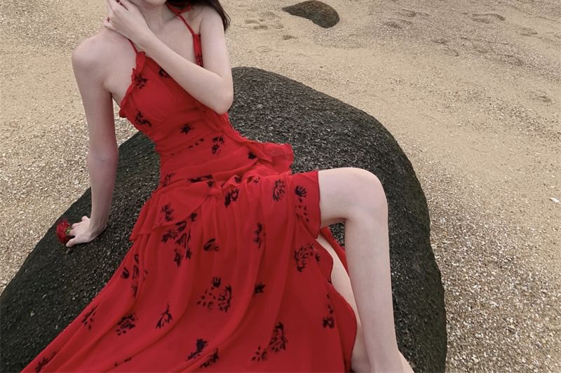 Sundress Ruffle Midi Side-Slit Floral Halter