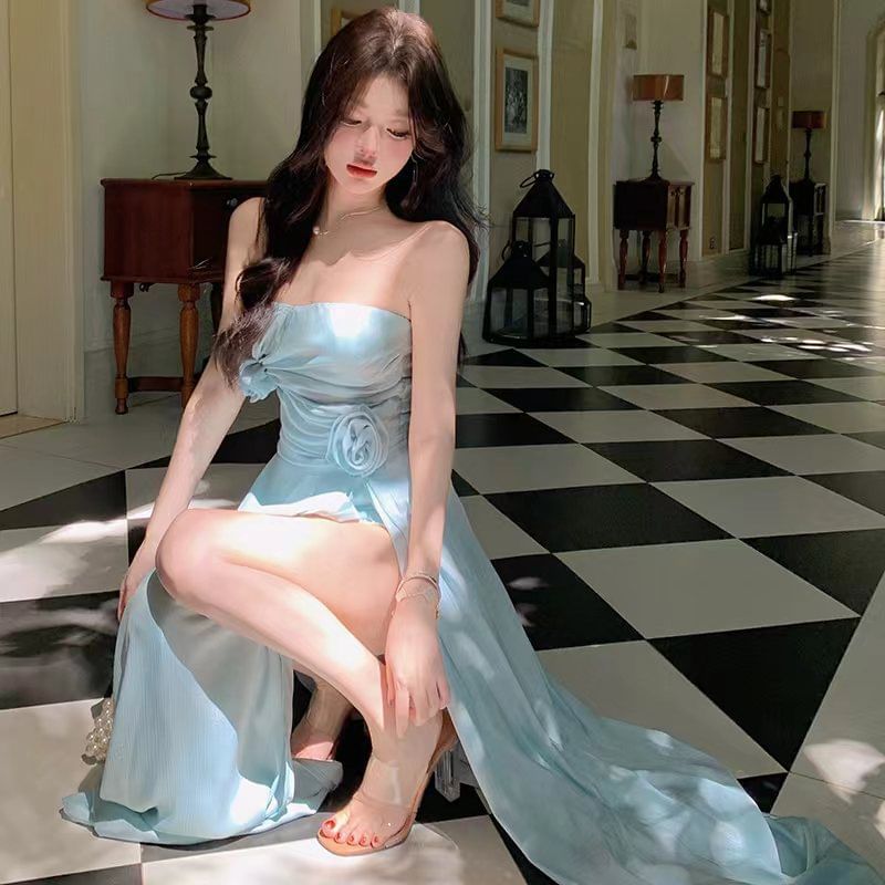 Side-Slit Strapless Dress A-Line Plain Maxi