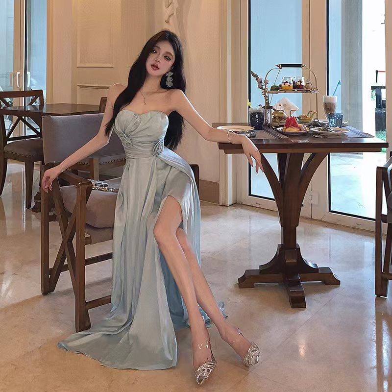 Side-Slit Strapless Dress A-Line Plain Maxi