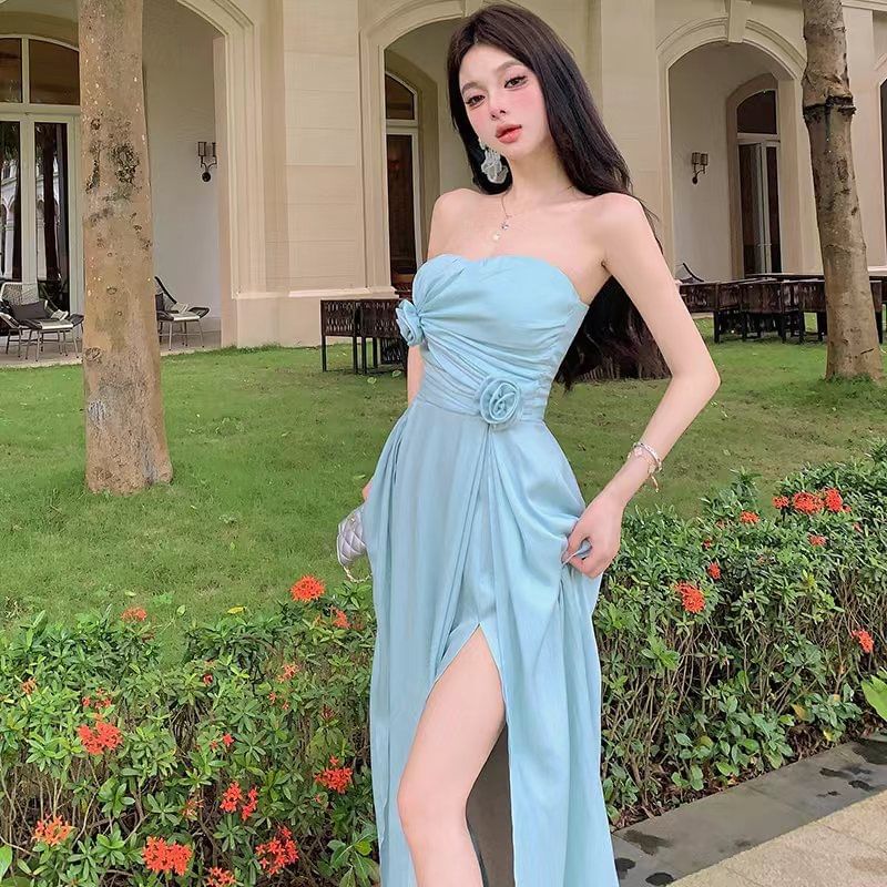 Side-Slit Strapless Dress A-Line Plain Maxi