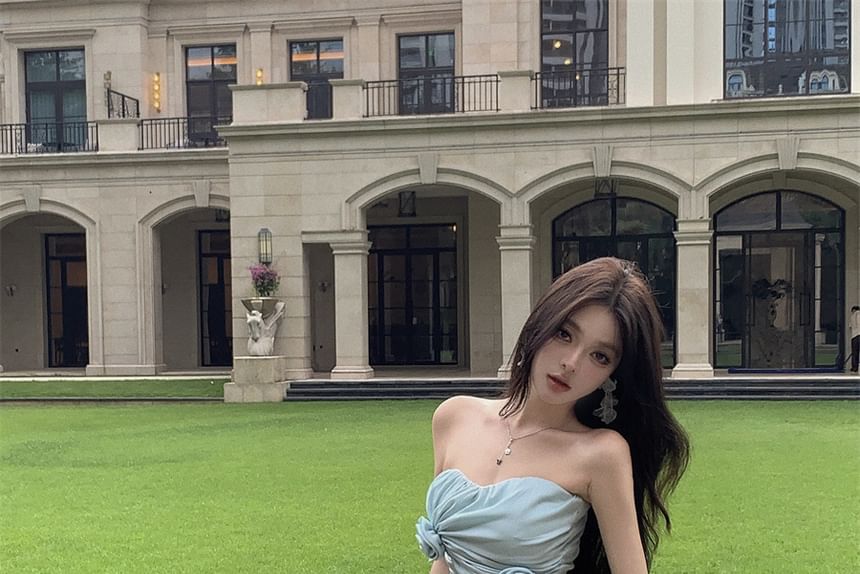 Side-Slit Strapless Dress A-Line Plain Maxi