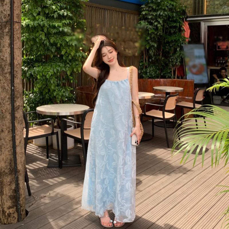 Spaghetti Sundress Maxi Print Strap Leaf