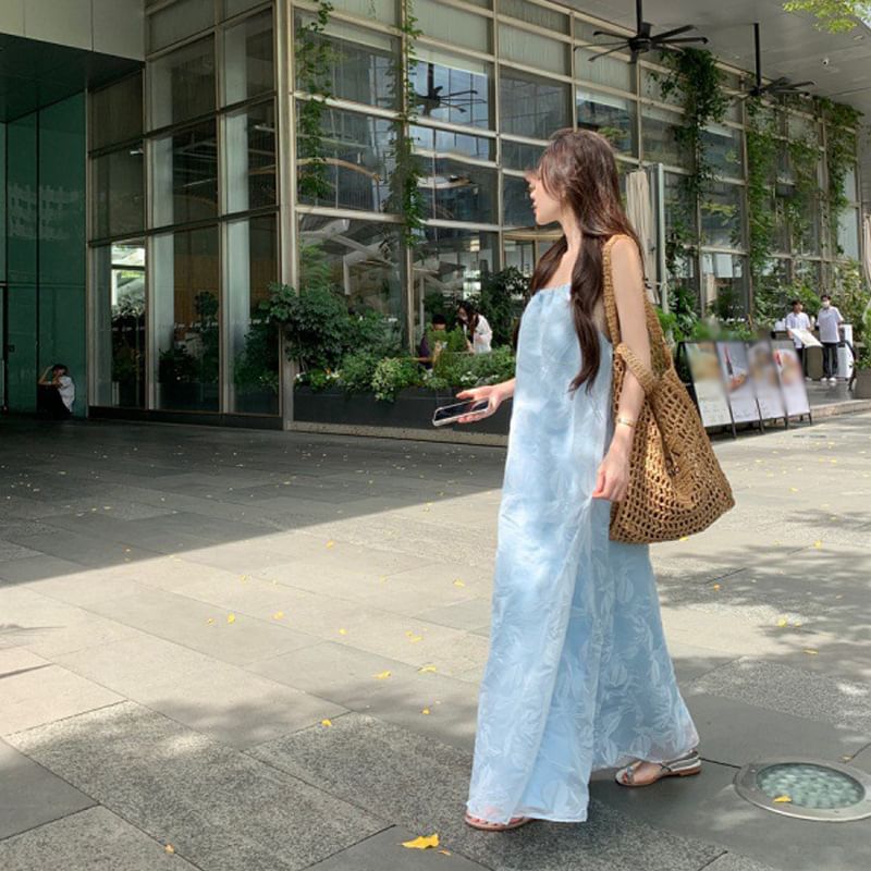 Spaghetti Sundress Maxi Print Strap Leaf