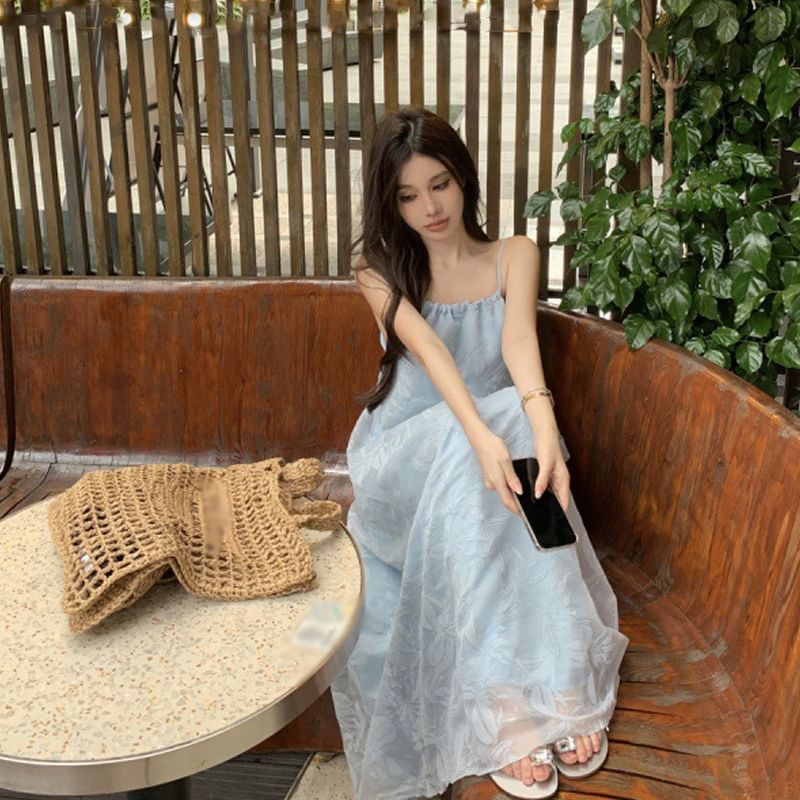 Spaghetti Sundress Maxi Print Strap Leaf