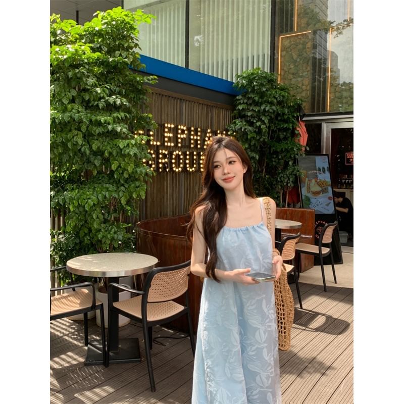 Spaghetti Sundress Maxi Print Strap Leaf