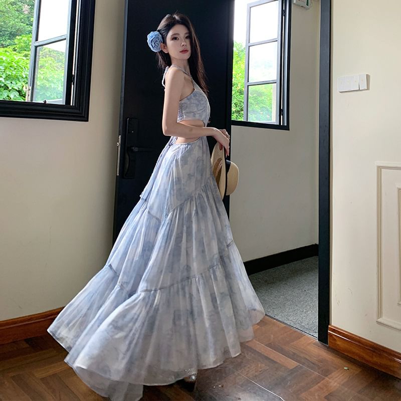 Halter Cutout Maxi Floral Dress A-Line