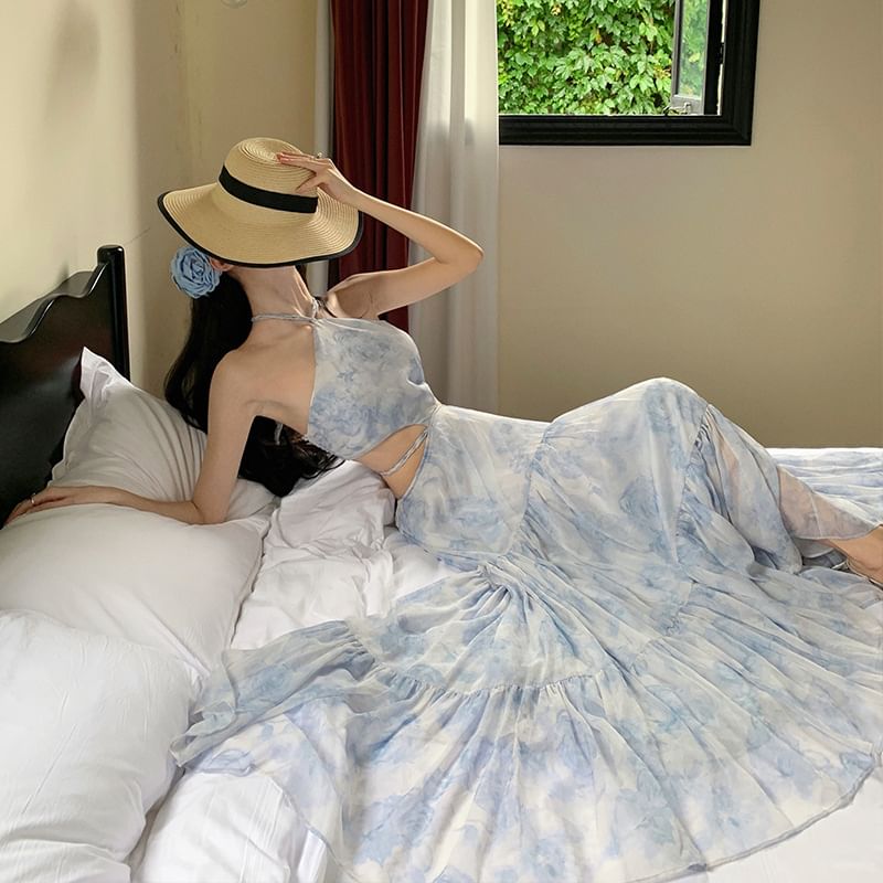 Halter Cutout Maxi Floral Dress A-Line