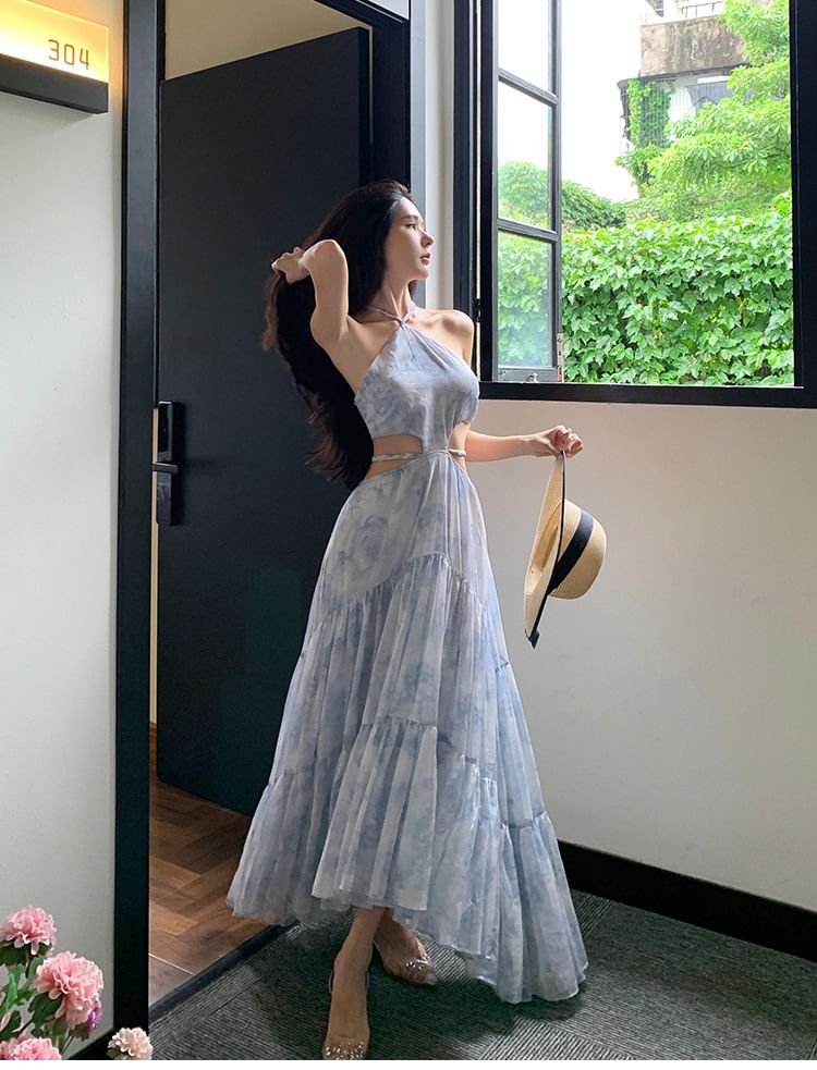 Halter Cutout Maxi Floral Dress A-Line