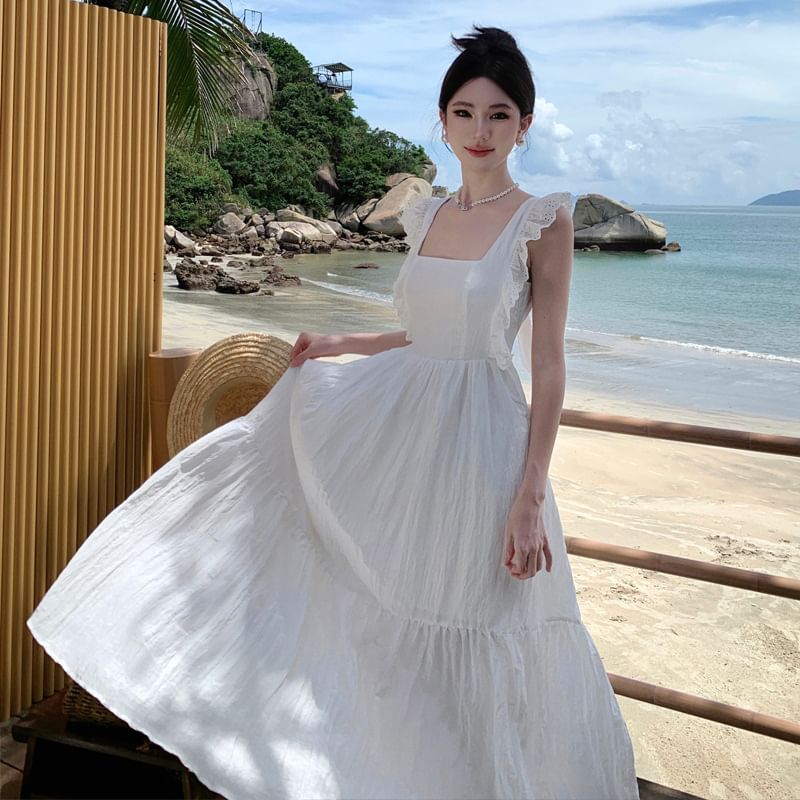 A-Line Open Sleeveless Lace Plain Maxi Trim Dress Back