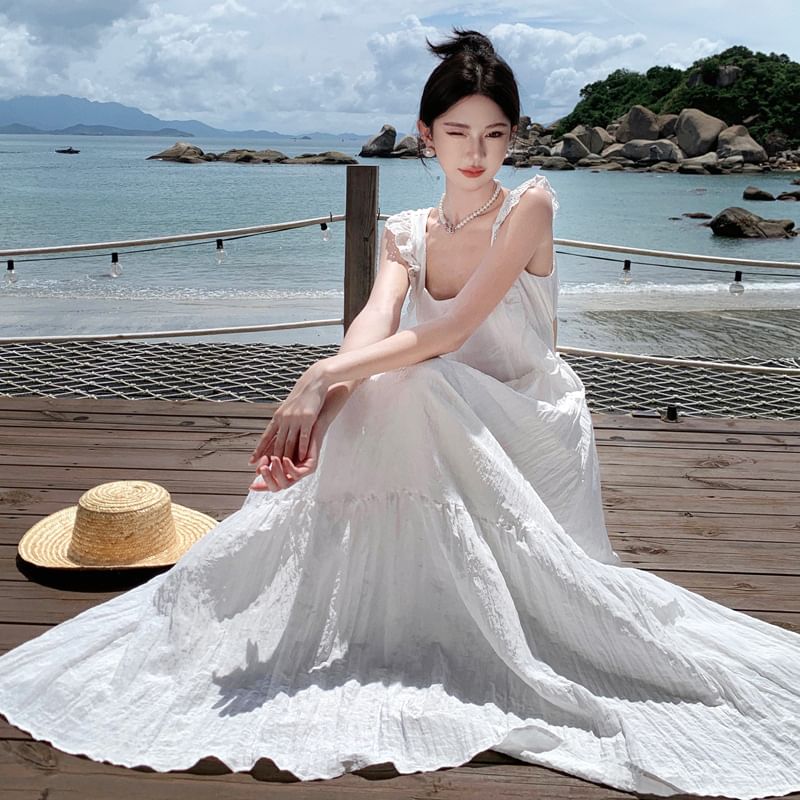 A-Line Open Sleeveless Lace Plain Maxi Trim Dress Back