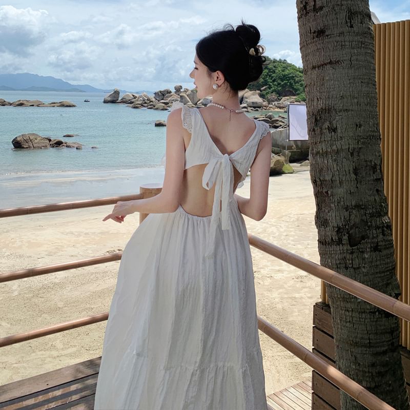 A-Line Open Sleeveless Lace Plain Maxi Trim Dress Back