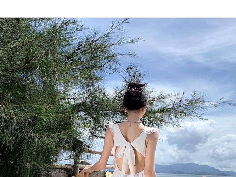 A-Line Open Sleeveless Lace Plain Maxi Trim Dress Back