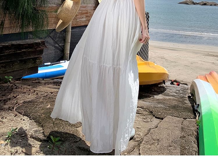 A-Line Open Sleeveless Lace Plain Maxi Trim Dress Back