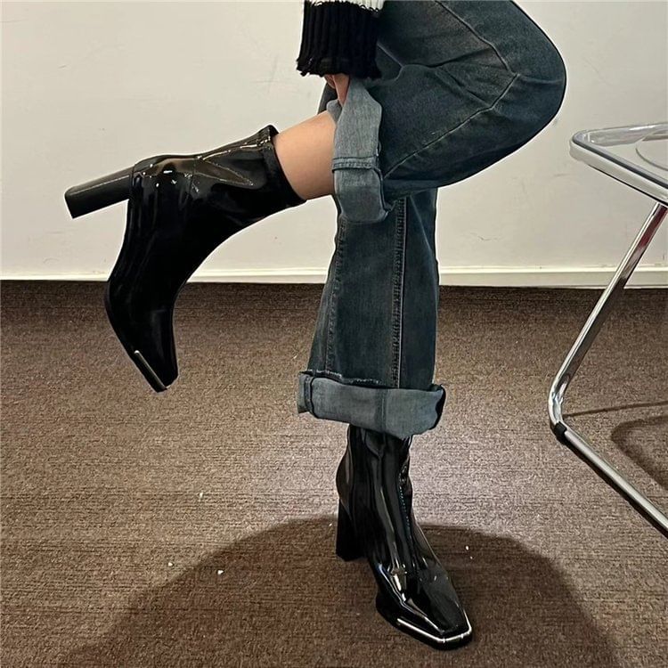 Short Zip-Up Plain Chunky Heel Leather Patent Boots
