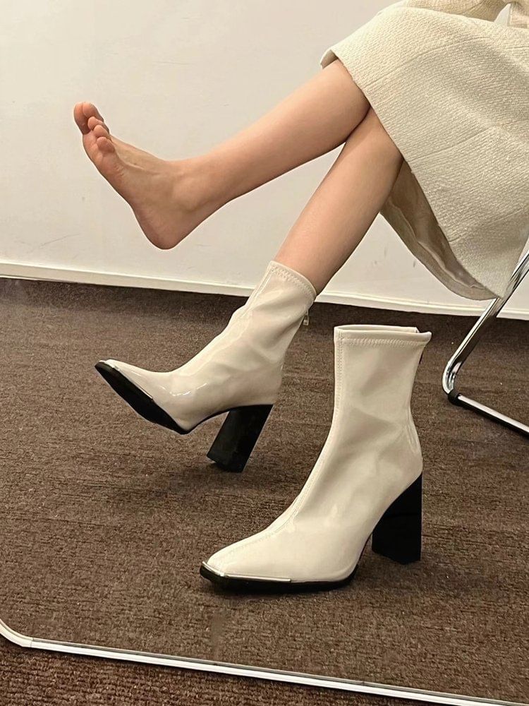 Short Zip-Up Plain Chunky Heel Leather Patent Boots