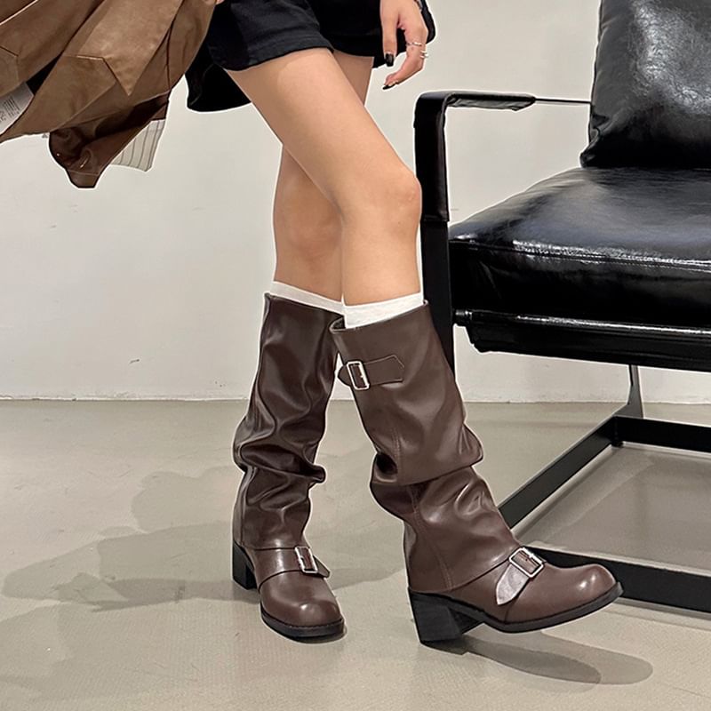 Chunky Faux Boots Heel Plain Tall Buckled Leather