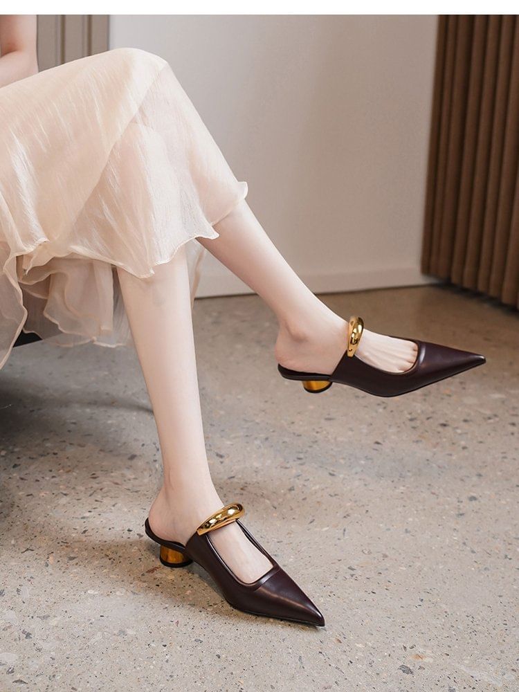 Chunky Pointed Accent Heel Mules Metal Faux Toe Leather