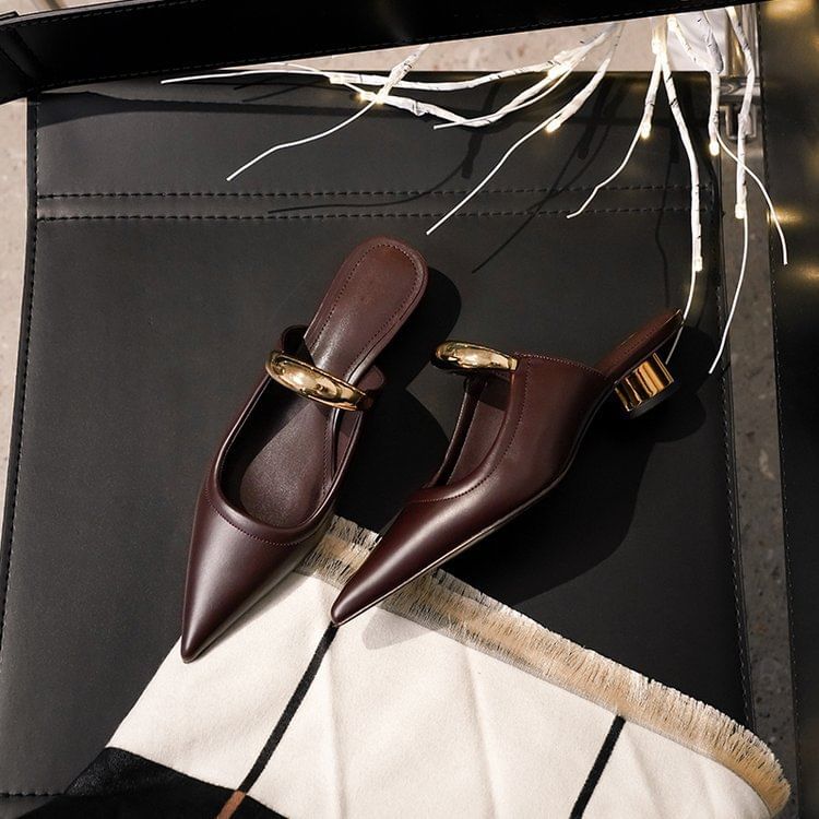 Chunky Pointed Accent Heel Mules Metal Faux Toe Leather