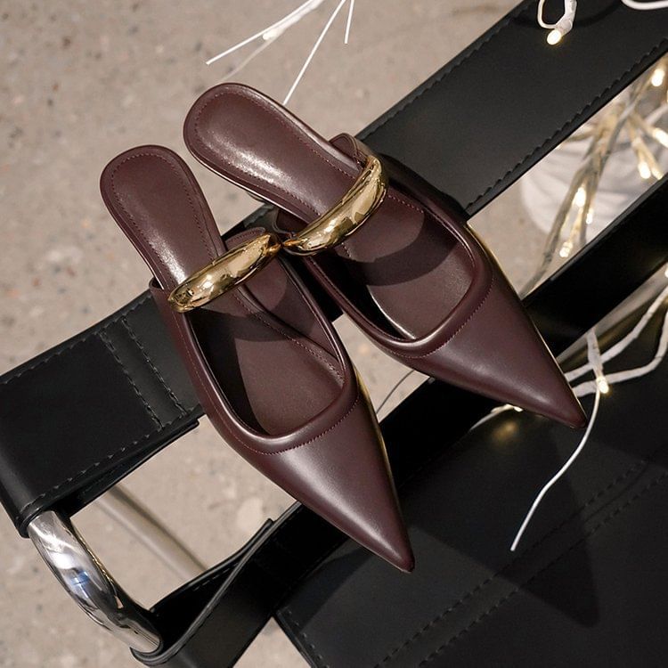 Chunky Pointed Accent Heel Mules Metal Faux Toe Leather