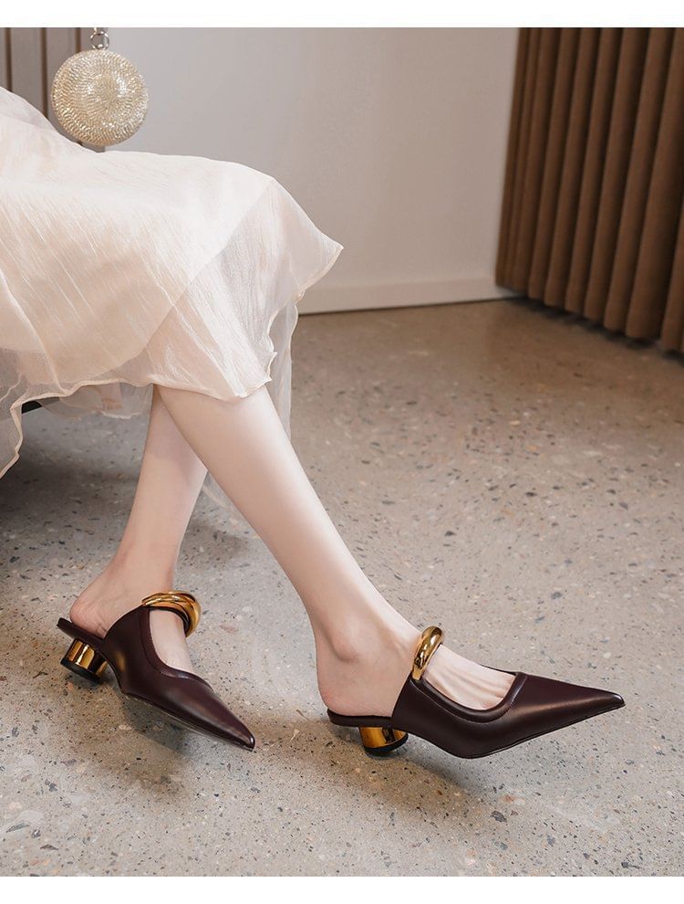 Chunky Pointed Accent Heel Mules Metal Faux Toe Leather