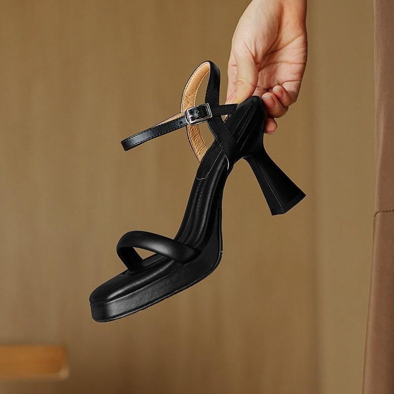 Faux Sandals Toe Strap Square Heel Plain Ankle High Leather