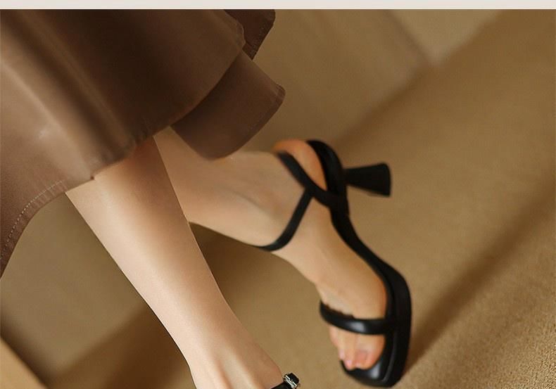 Faux Sandals Toe Strap Square Heel Plain Ankle High Leather