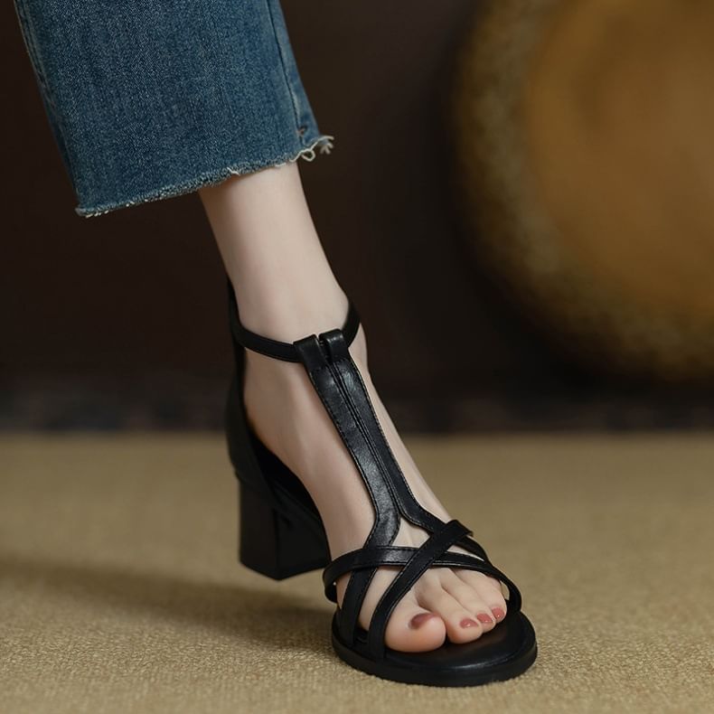 Ankle Plain Faux Leather Gladiator Sandals Strap Chunky Heel