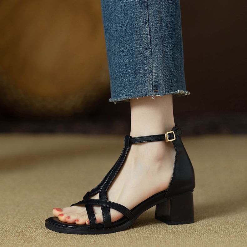 Ankle Plain Faux Leather Gladiator Sandals Strap Chunky Heel
