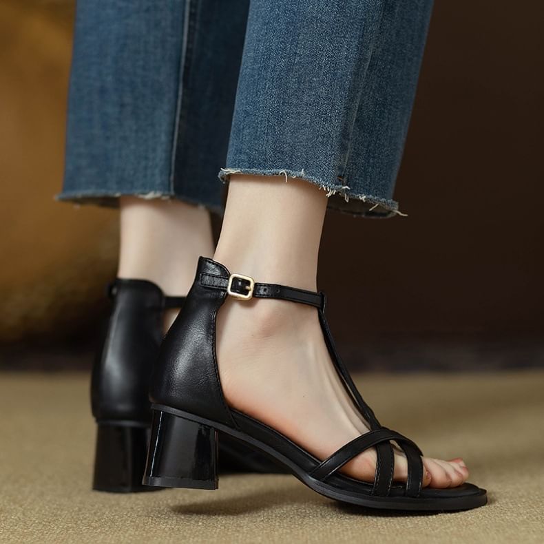 Ankle Plain Faux Leather Gladiator Sandals Strap Chunky Heel