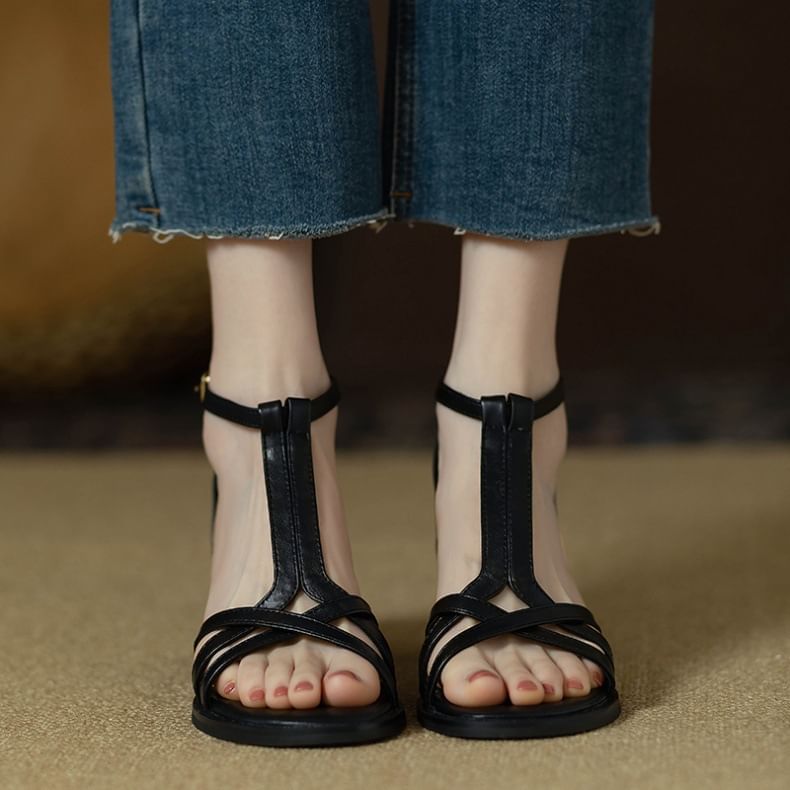 Ankle Plain Faux Leather Gladiator Sandals Strap Chunky Heel