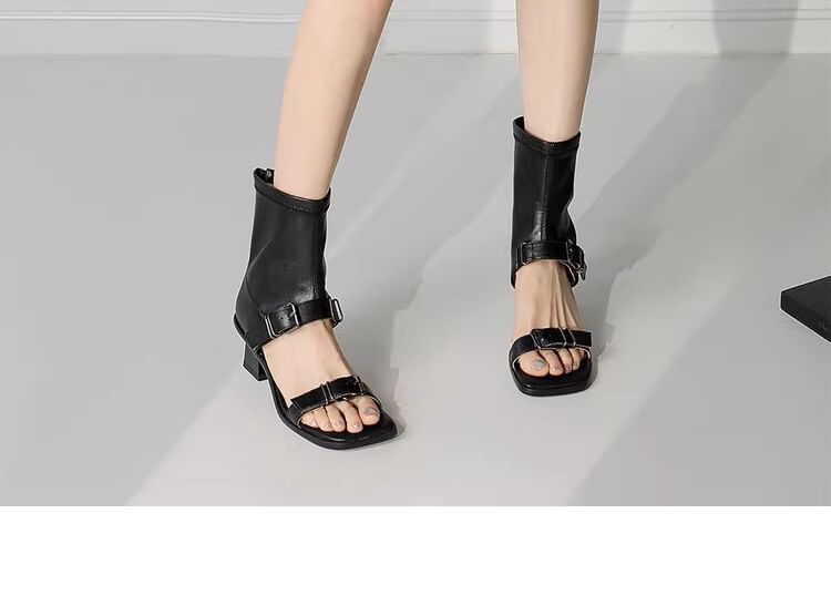 Buckled Leather Faux Plain Toe Sandals Square Top Chunky High Heel