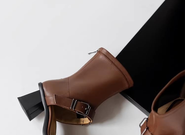 Buckled Leather Faux Plain Toe Sandals Square Top Chunky High Heel