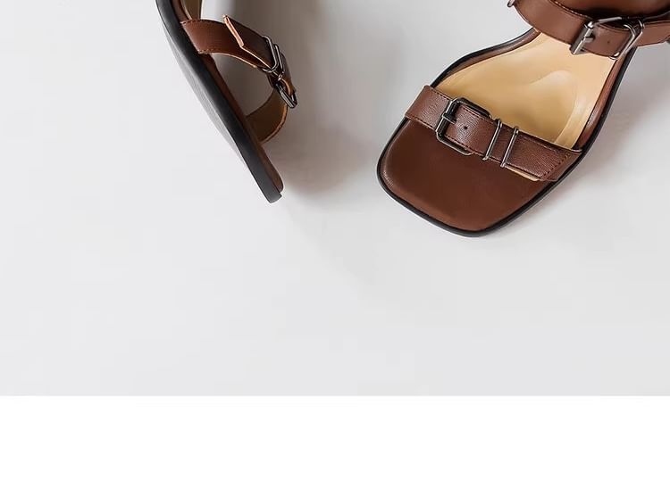 Buckled Leather Faux Plain Toe Sandals Square Top Chunky High Heel