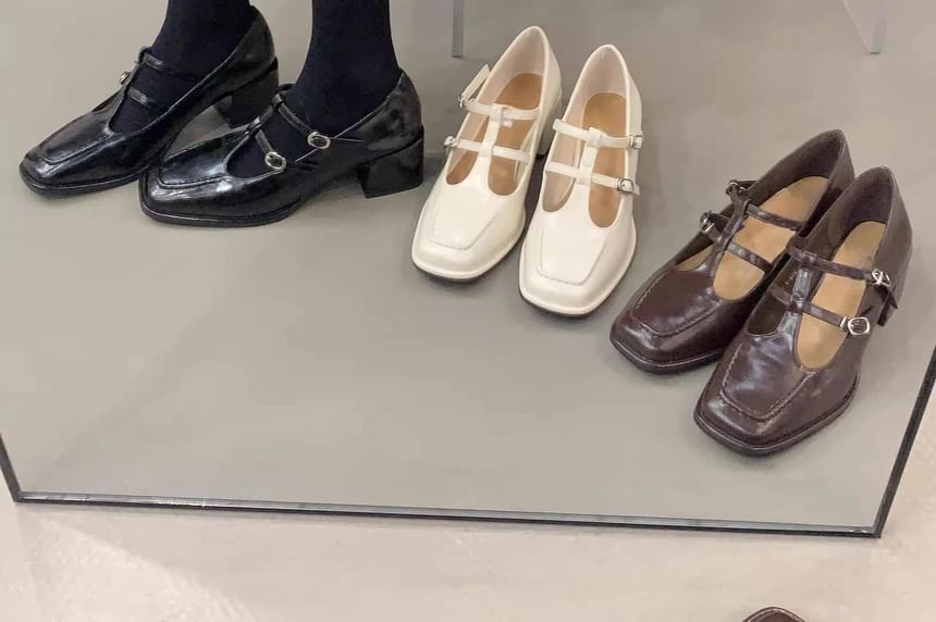 Heel Square Jane Mary Plain Chunky T-Strap Pumps Toe