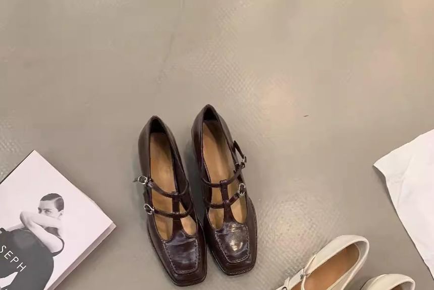 Heel Square Jane Mary Plain Chunky T-Strap Pumps Toe