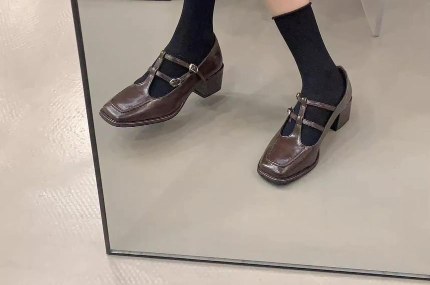 Heel Square Jane Mary Plain Chunky T-Strap Pumps Toe