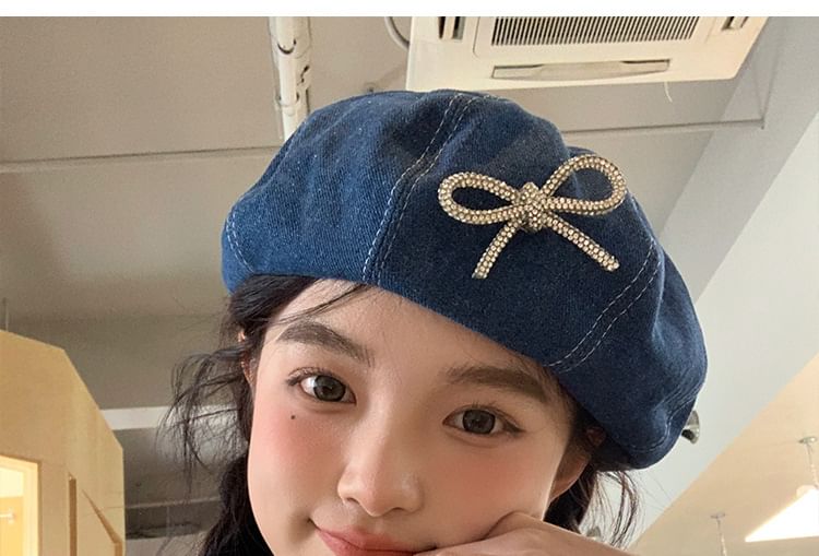 Denim Ribbon Beret Beaded