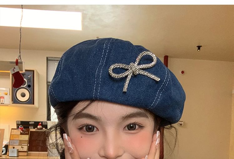 Denim Ribbon Beret Beaded