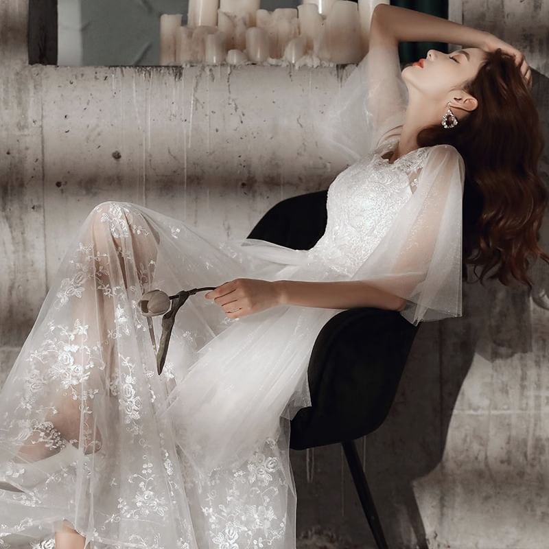 Gown Flared-Sleeve Flower A-Line Evening Embroidered