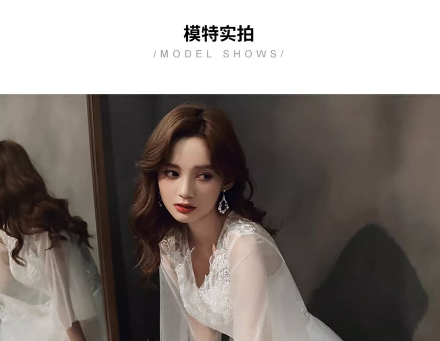 Gown Flared-Sleeve Flower A-Line Evening Embroidered