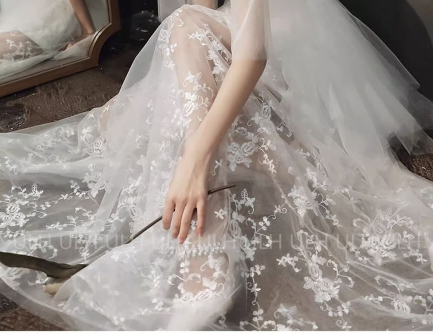 Gown Flared-Sleeve Flower A-Line Evening Embroidered